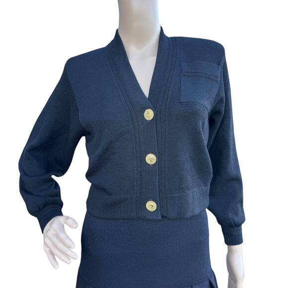 St. John Petite Black Santana Knit 2pc Skirt Suit Set Gold Button Cardigan Mini - Picture 2 of 16